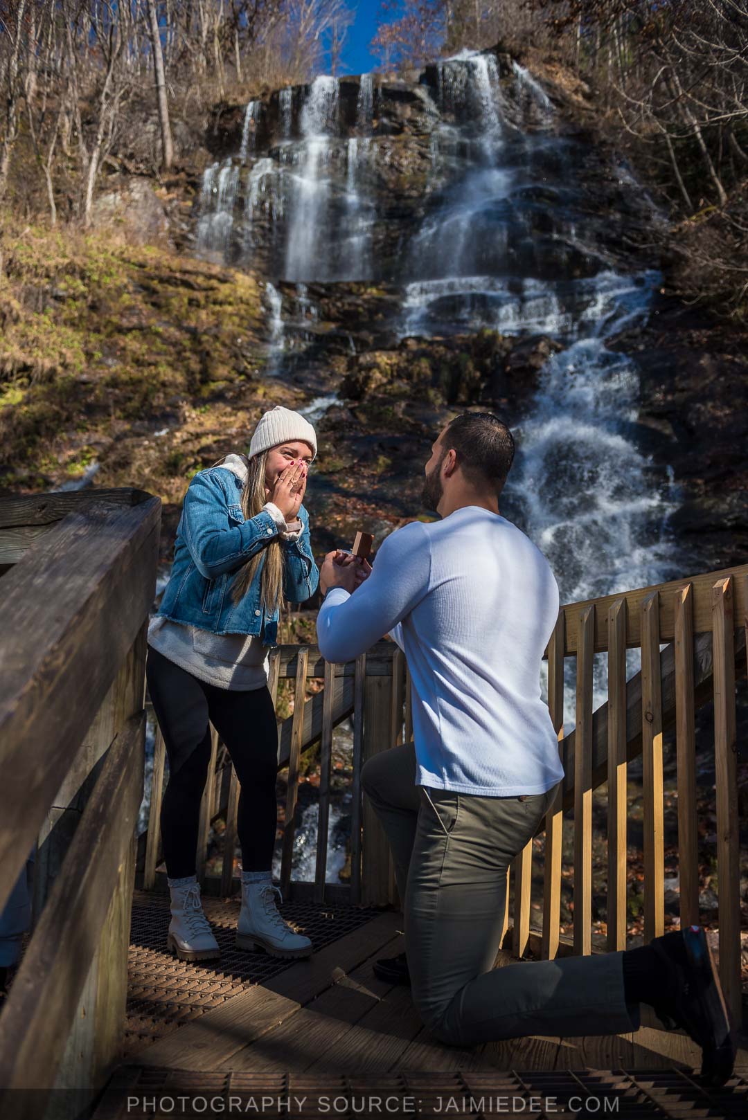 Surprise proposal and Engagement Photos taken at Amicalola Falls in Dawsonville, GA – Dawson County.