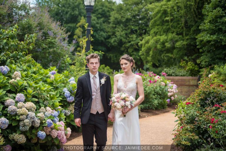 Bride and groom among the hydrangeas at the Atlanta Botanical Garden Bride and groom among the hydrangeas at the Atlanta Botanical Garden