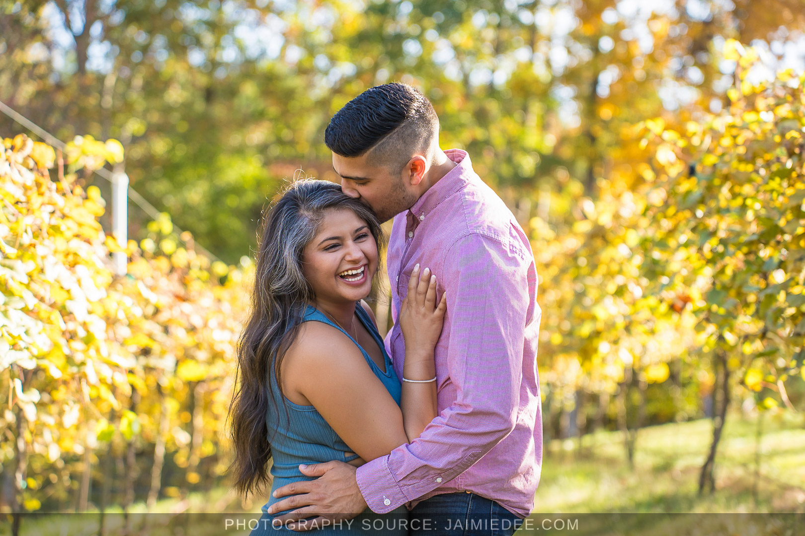 Man kissing his fiancee's forehead in the vineyard rows at Big Door Vineyards