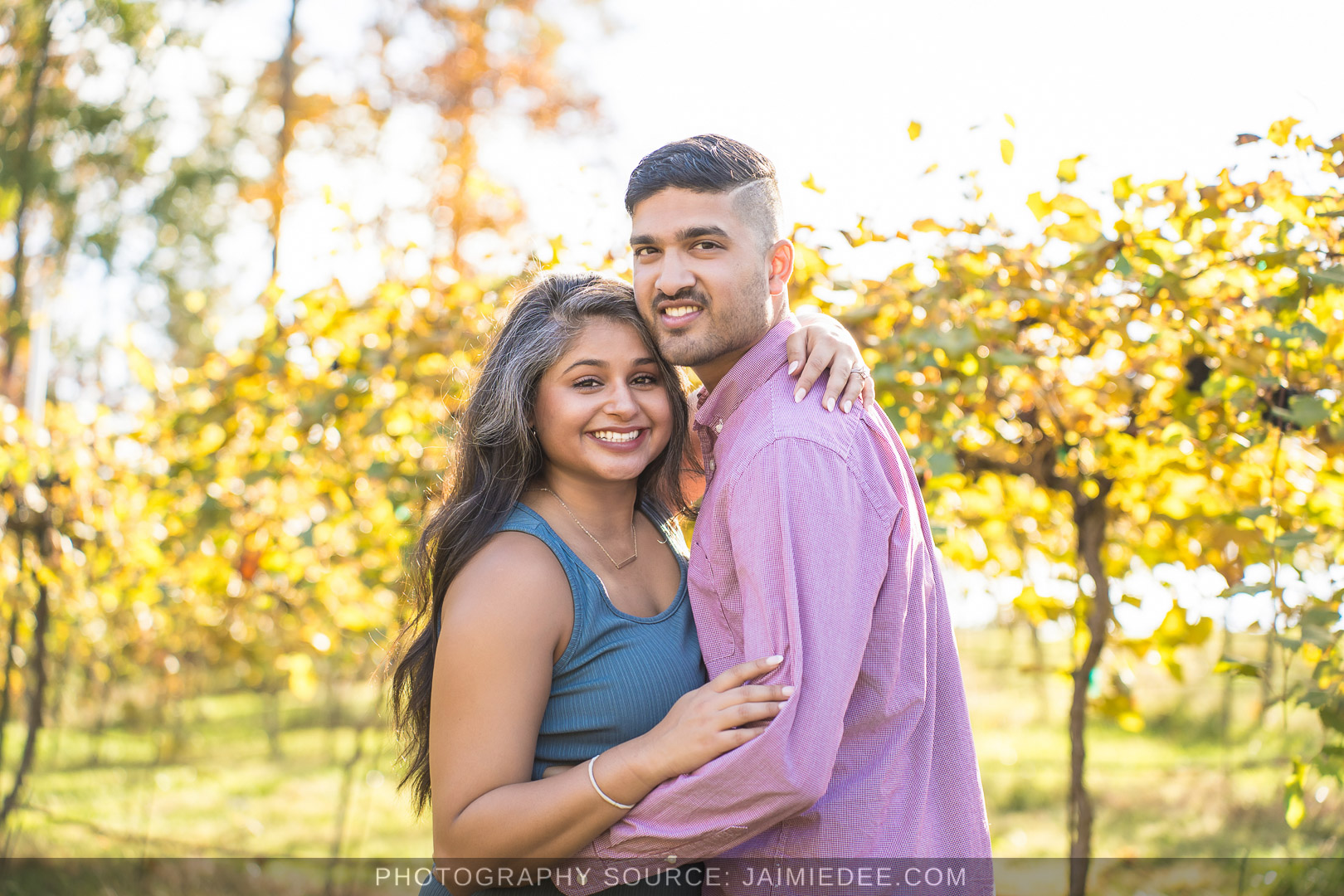 Engaged couple smiling together among the golden fall vines at Big Door Vineyards