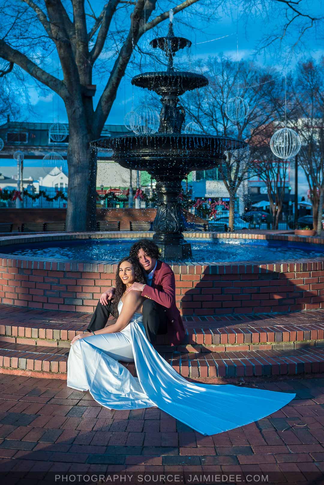 Marietta Square Wedding Photoshoot by the fountain in the center of the park