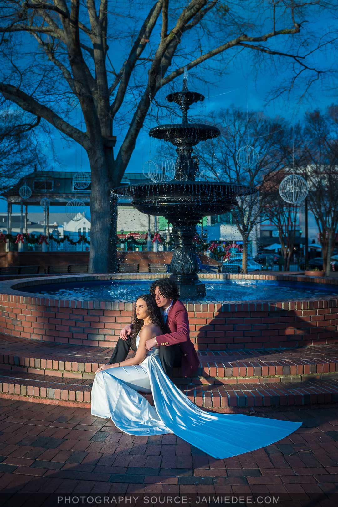 Marietta Square Wedding Photoshoot by the park fountain