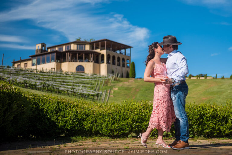 Engaged couple in front of the Montaluce winery villa Engaged couple in front of the Montaluce winery villa