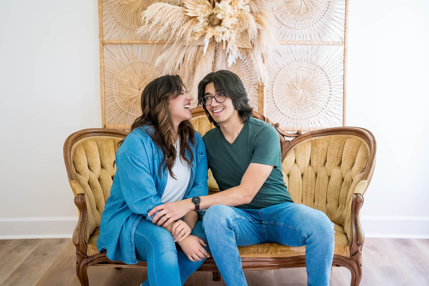 Personal Branding Engagement Couple Photos in the Boho Room in the Farmhouse at Prospect Farms