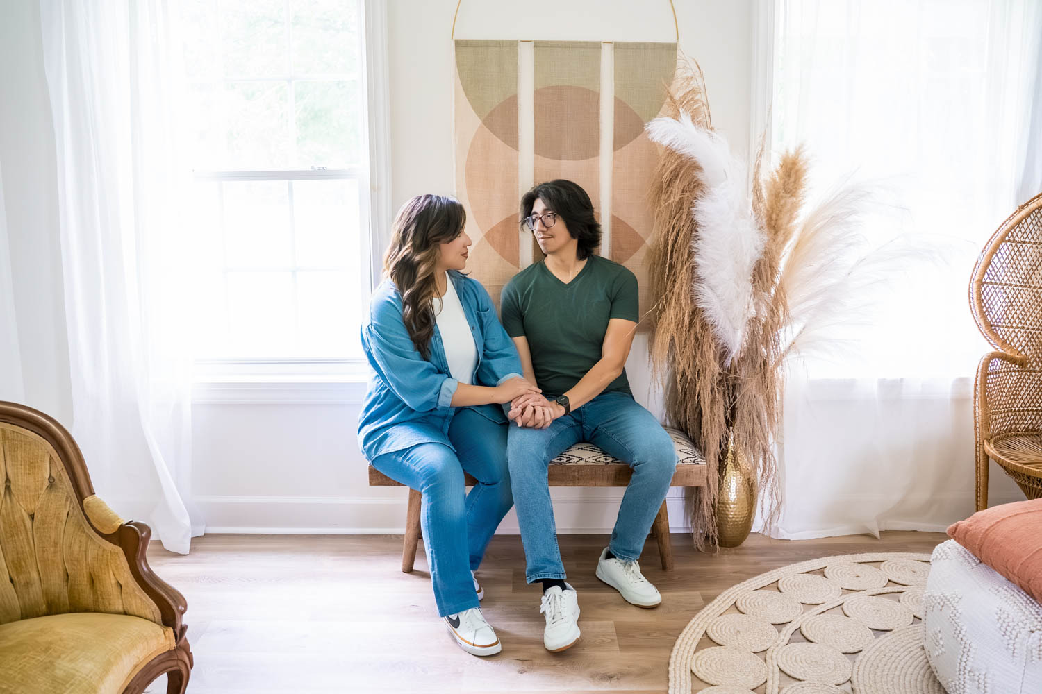 Personal Branding Engagement Couple Photos in the Boho Room in the Farmhouse at Prospect Farms