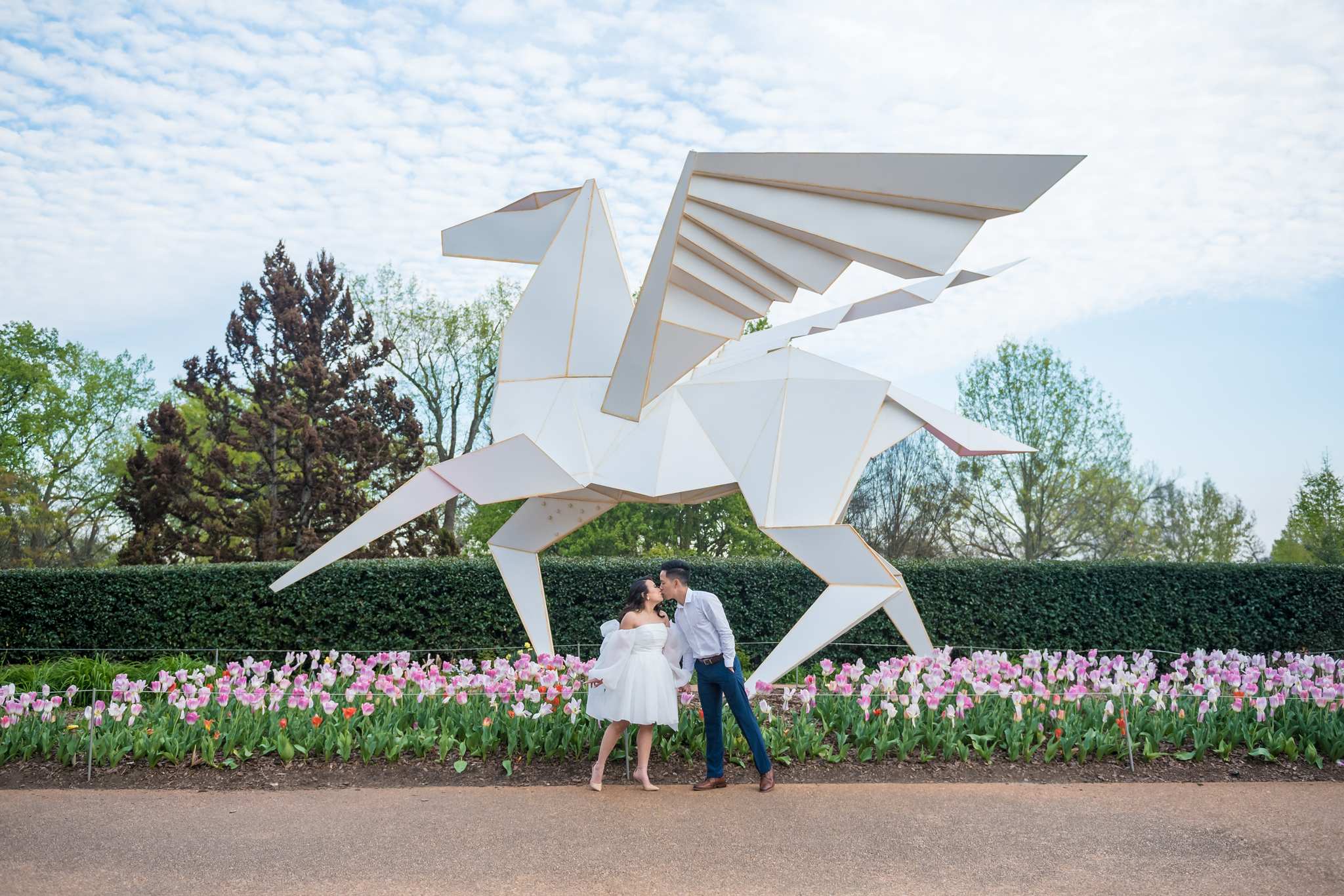 Couple beneath the giant white origami Pegasus sculpture above spring tulips