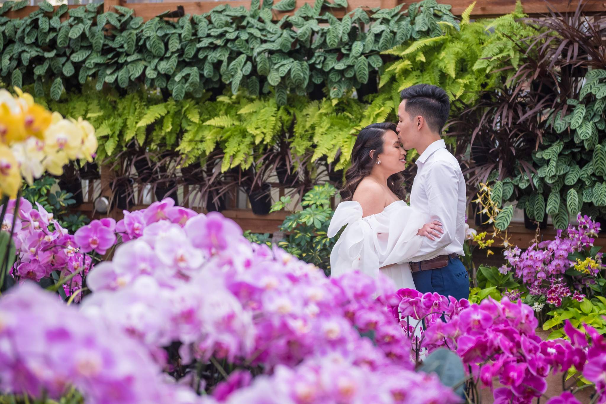 Couple hugging behind a sea of purple orchids at the Atlanta Botanical Garden