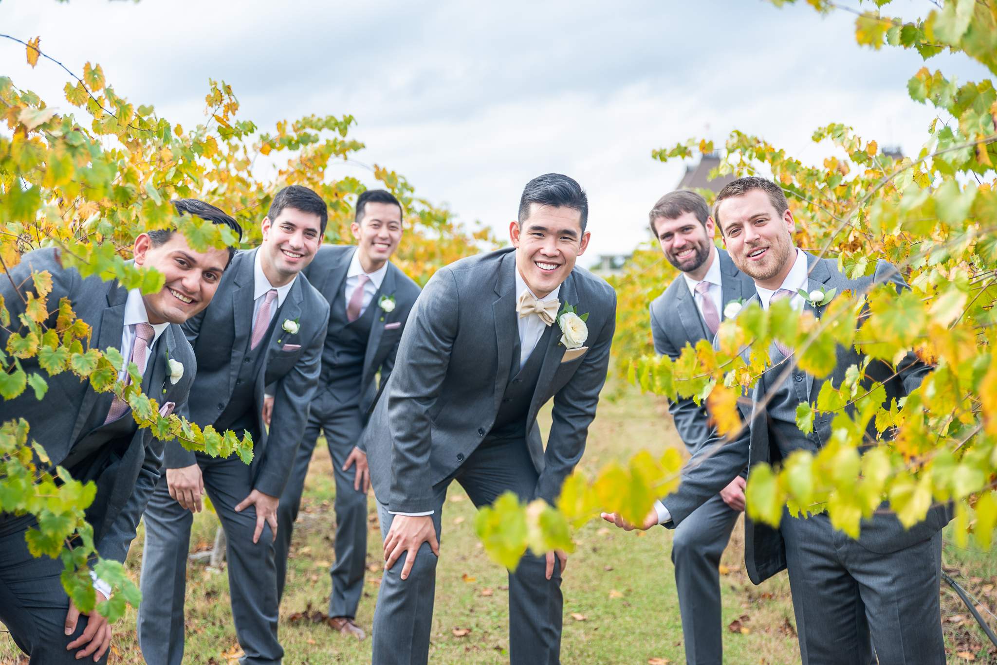 Groomsmen in gray suits lean in and grin among the grapevines at Chateau Elan