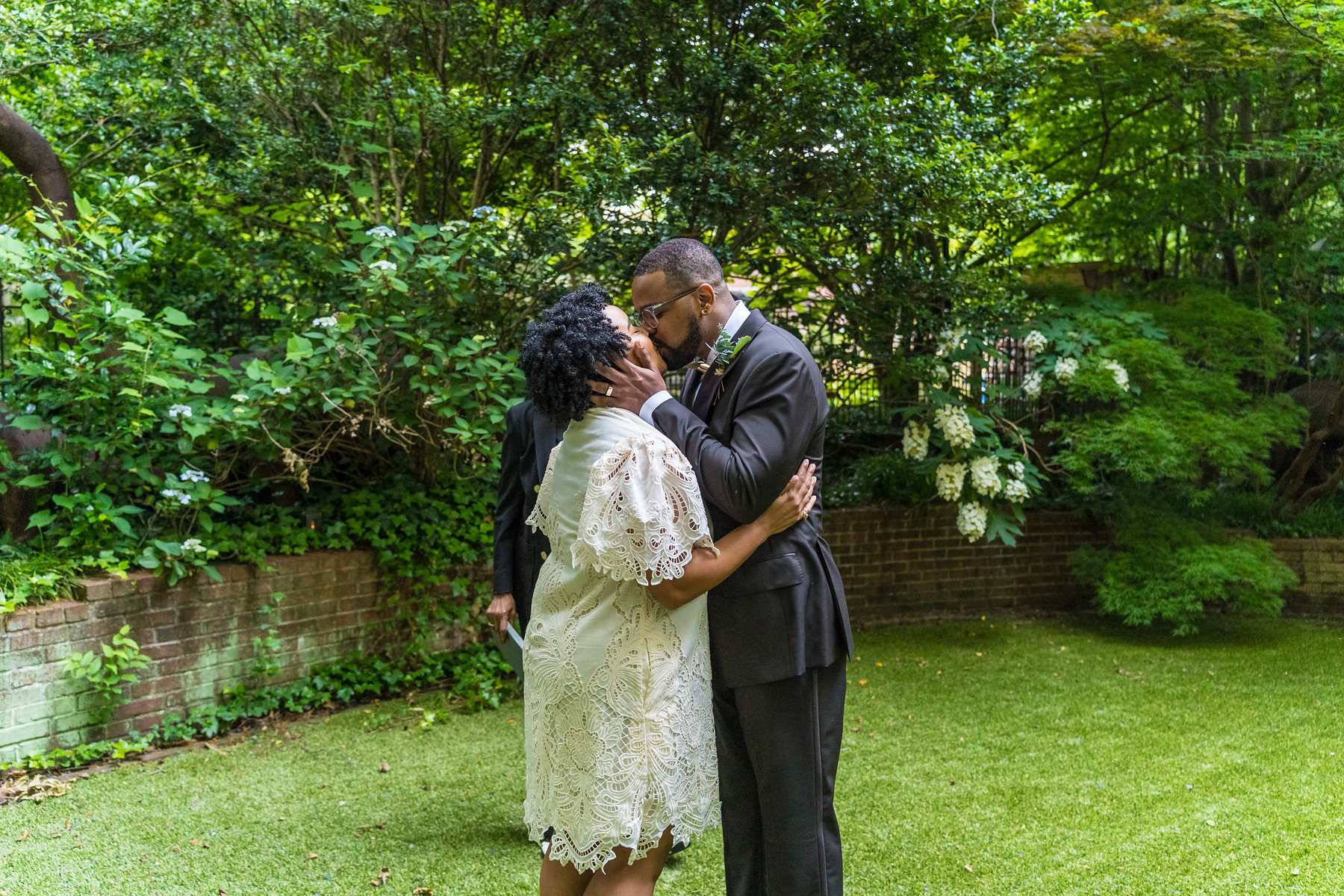 First kiss at a garden elopement in Atlanta