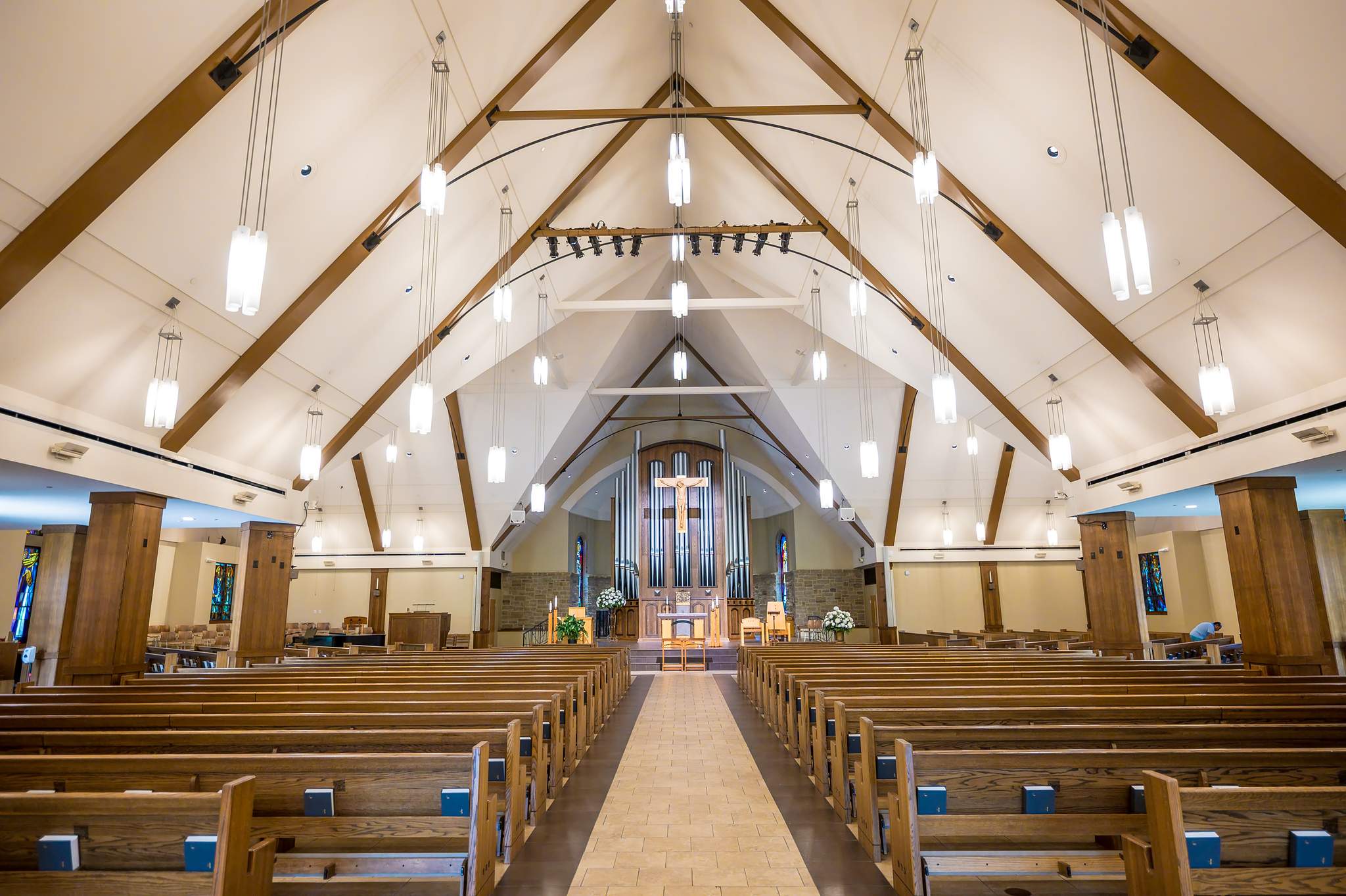Sanctuary with a high wood ceiling at Immaculate Heart of Mary in Atlanta