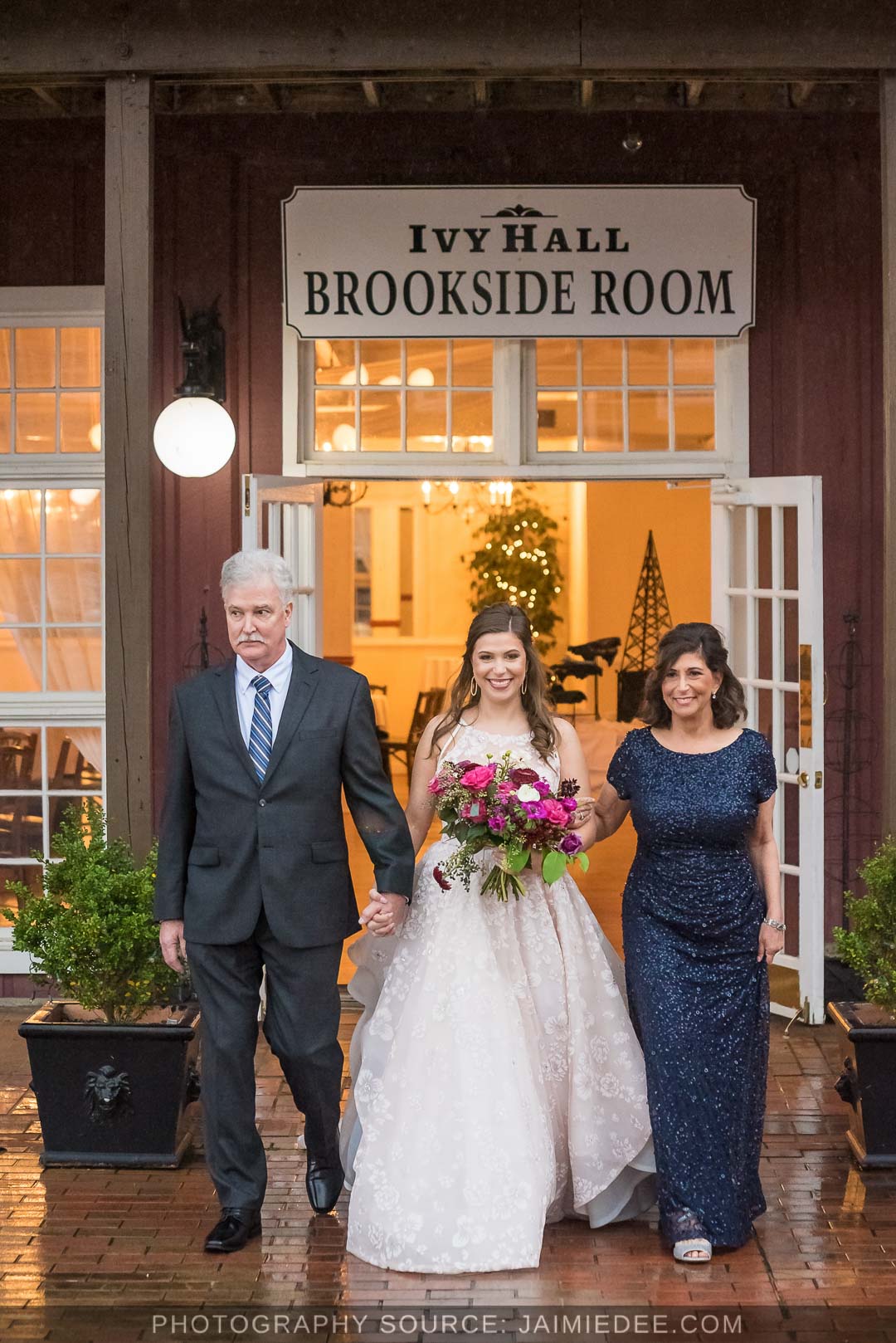 Ivy Hall Roswell Wedding Pictures - bride walking with parents down aisle