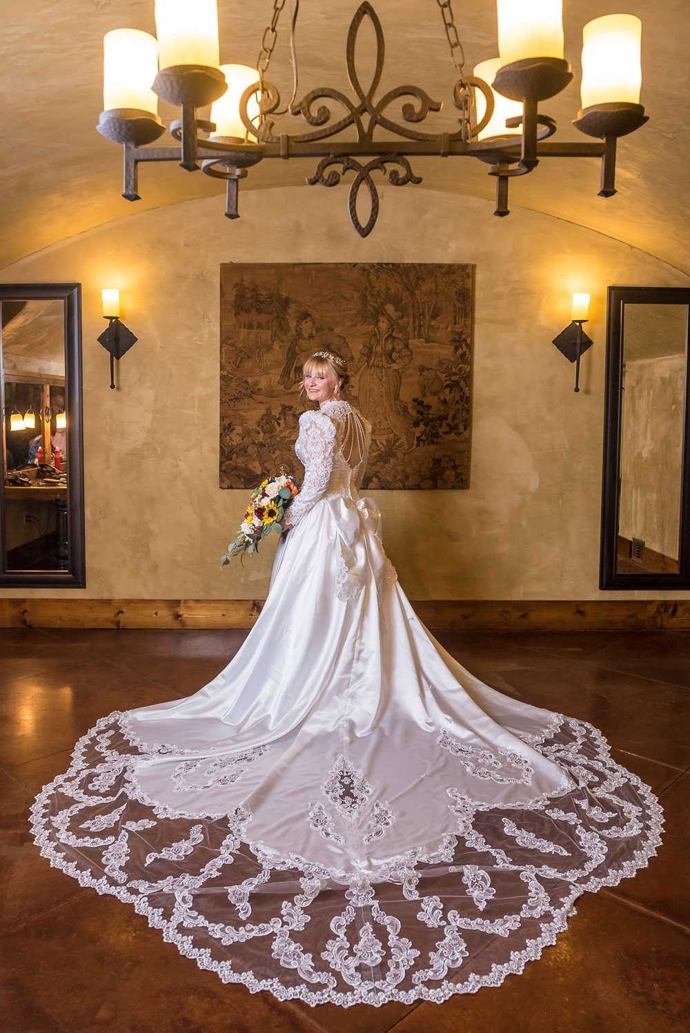 Montaluce Winery Wedding Photos in the dark bridal suite with bride in wedding dress