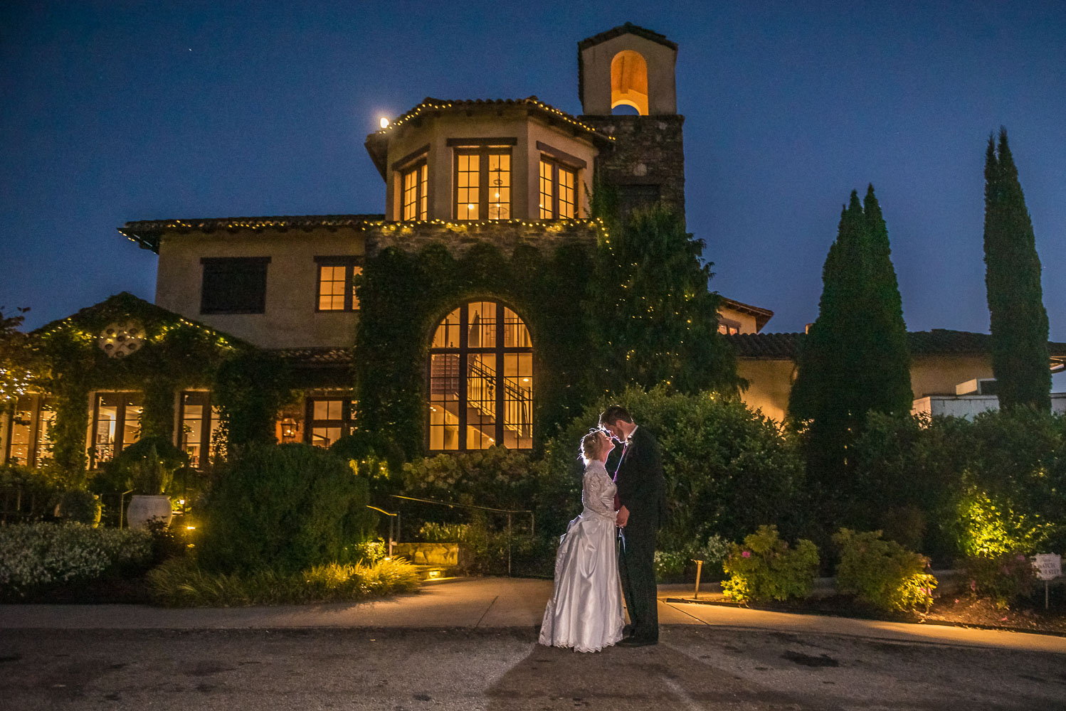 Montaluce Winery Wedding Photos bride and groom after dark at night time