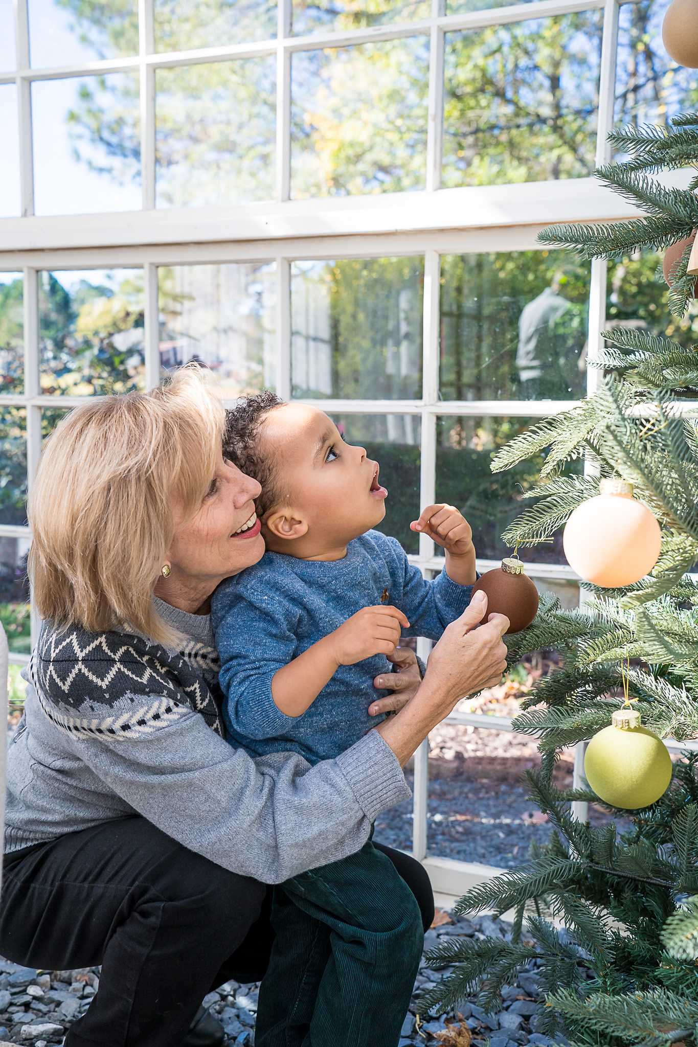 Grandmother and toddler looking at ornaments on the tree in the Greenhouse at Prospect Farms
