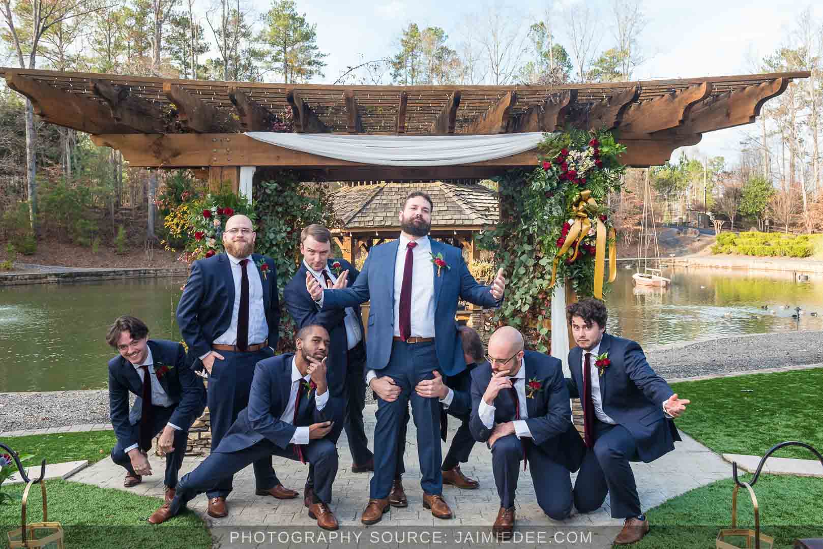 Rocky's Lake Estate Wedding Venue - bridal party portrait with silly groomsmen