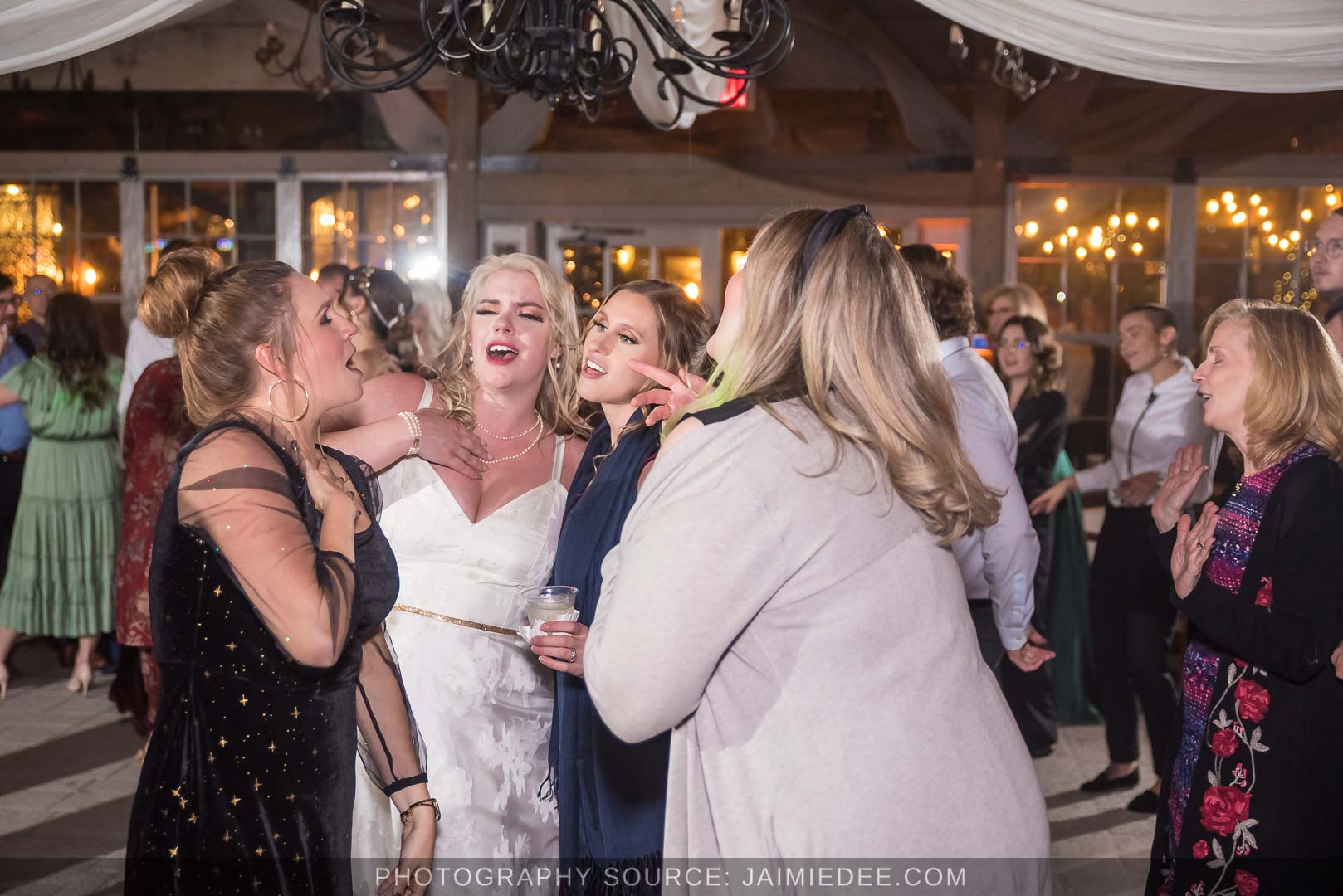 Rocky's Lake Estate Wedding Venue - reception - wedding guest dancing inside pavilion with ceiling drapes - bride singing