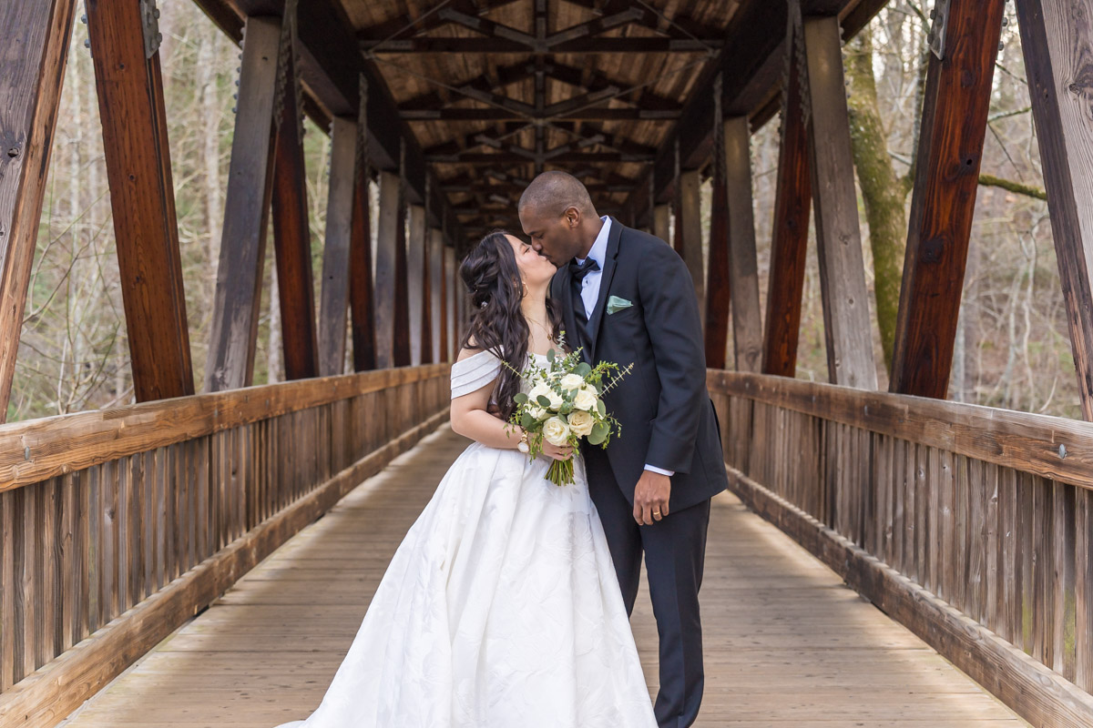 Roswell Mill Club Wedding Pictures with covered bridge at nearby park