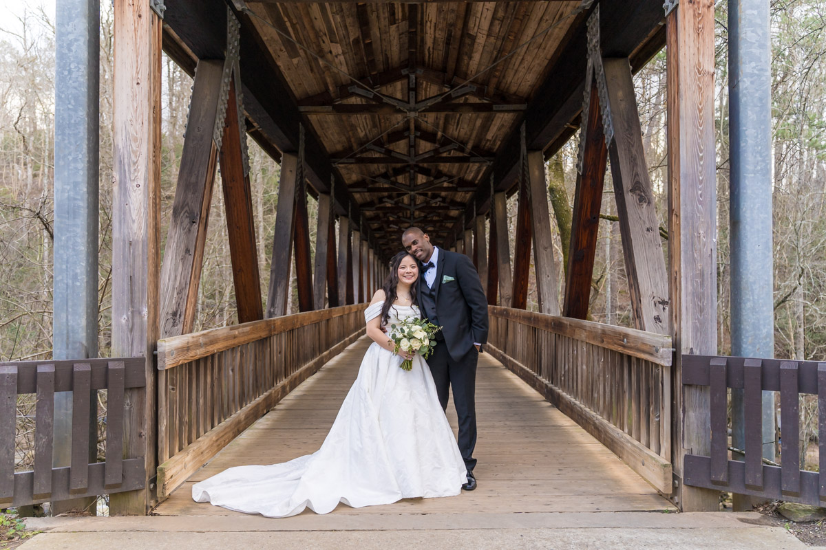 Covered bridge area at nearby park at Roswell Mill Club wedding