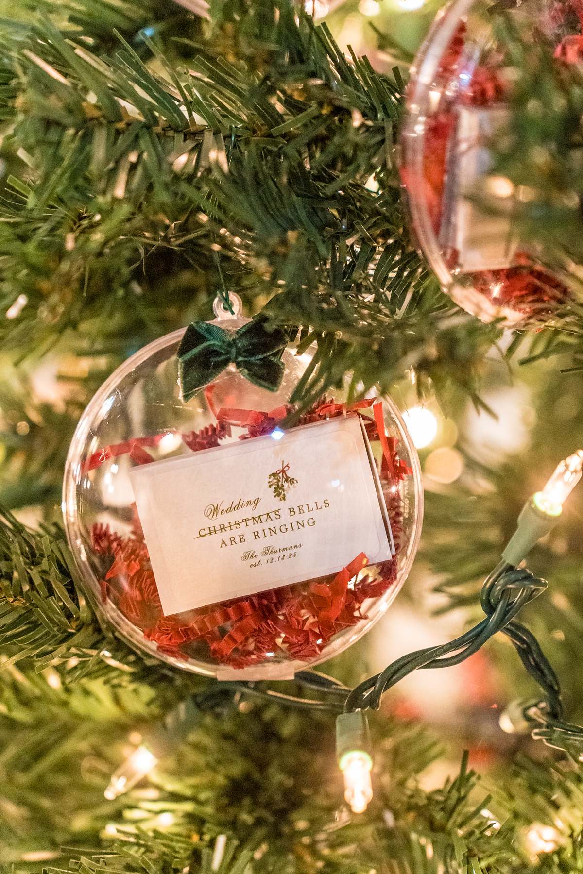 Christmas ornament keepsake on the tree at a Roswell Mill Club wedding