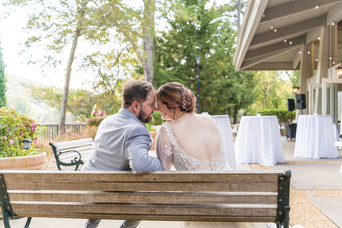 Roswell River Landing Wedding with Couple on Back Patio Space at Cocktail Hour Outdoor Space