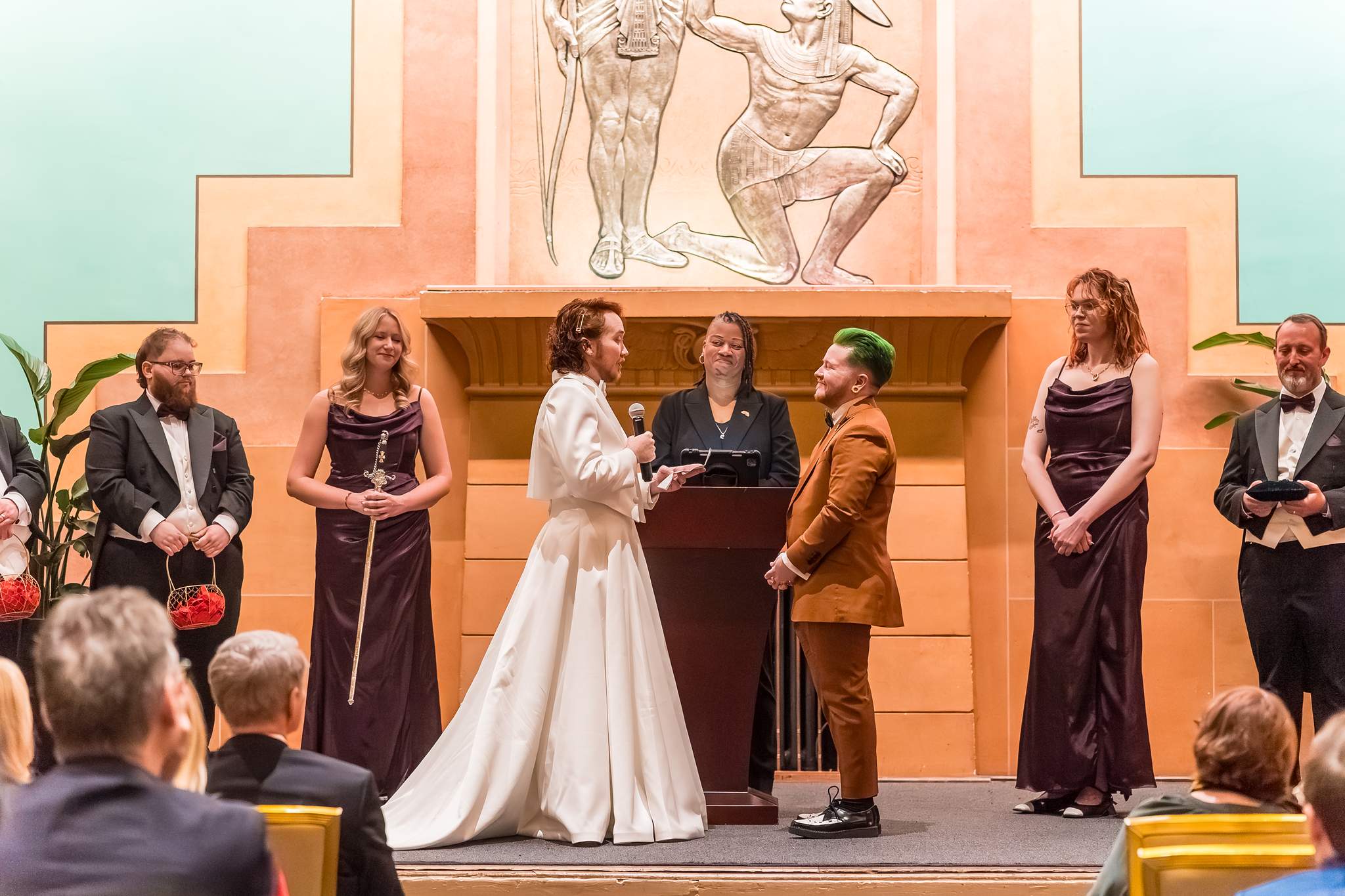 Wedding ceremony on the Egyptian Ballroom stage with the wedding party