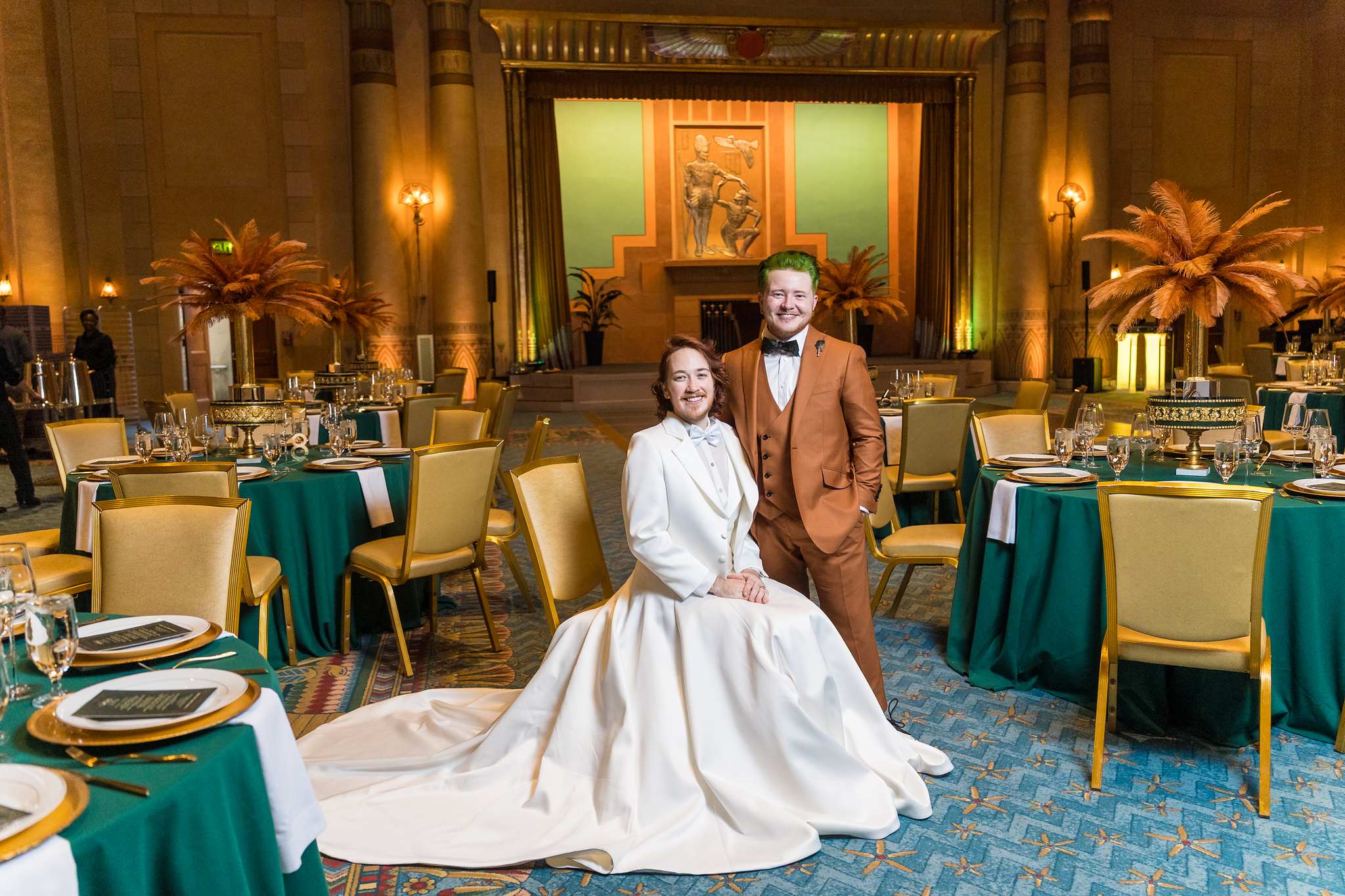 Couple portrait in the decorated Egyptian Ballroom before the reception