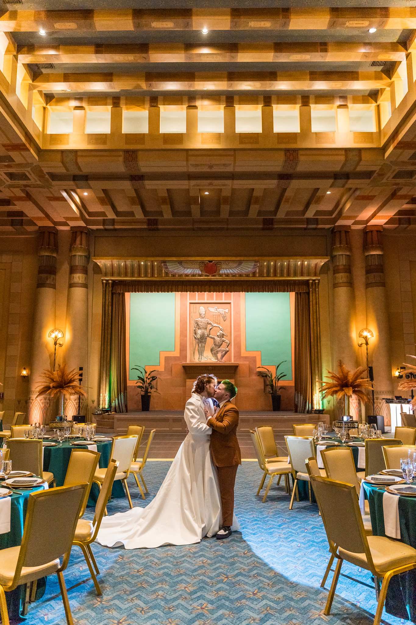 Egyptian Ballroom ceiling and reception tables at a Fox Theatre wedding