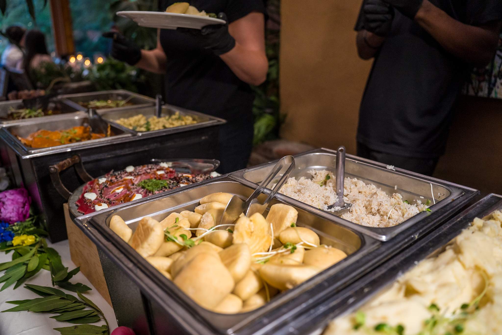 In-house catered buffet at a Wahoo! Grill wedding reception